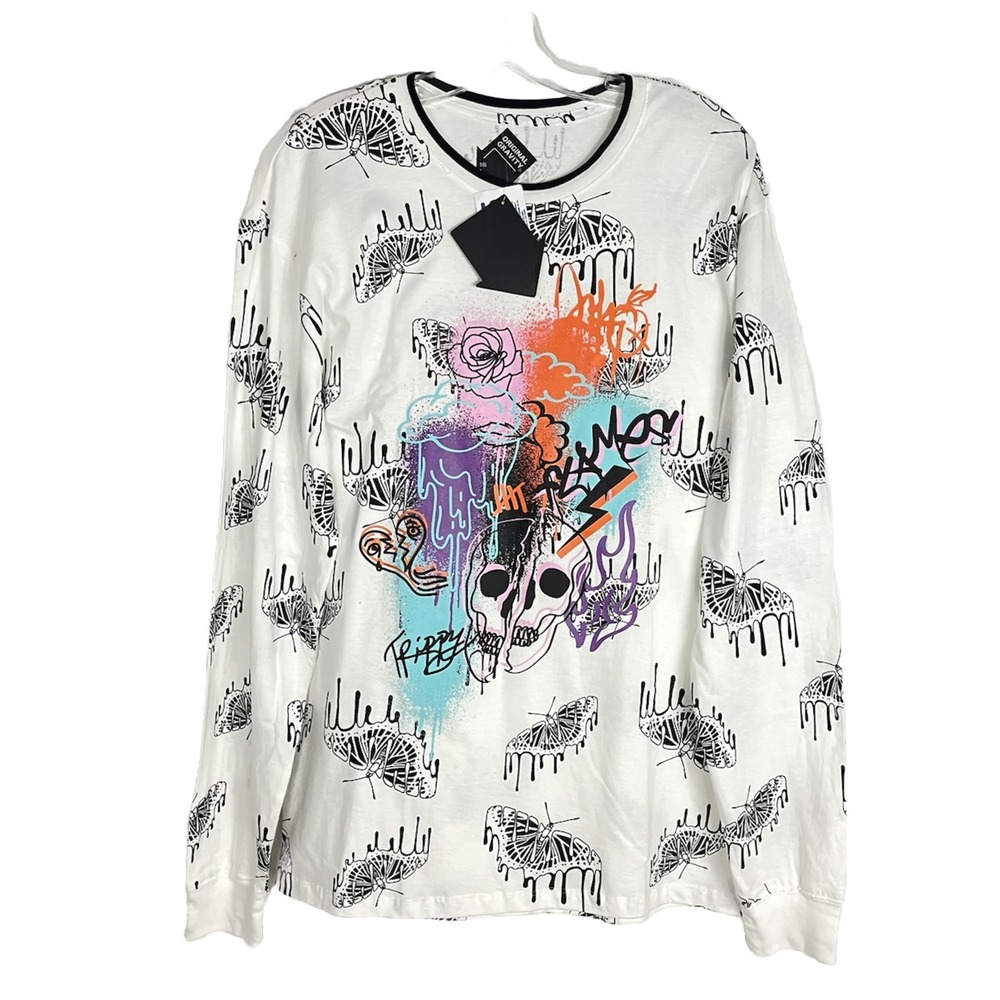 Original Gravity Butterfly Skulls Print‎ Long Sleeve Graphic Tee Shirt Size L